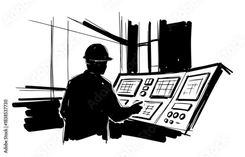 industrial operator at control panel vector black shape