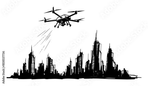 surveillance drone over city skyline vector black silhouette