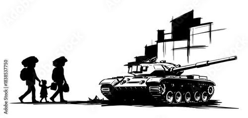 refugees walking past tank in war torn city vector silhouette