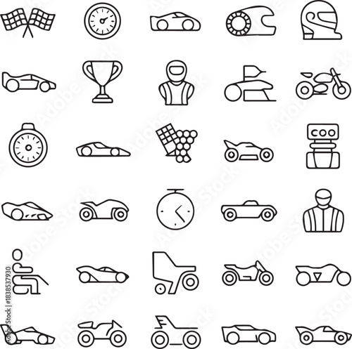 motorsport line icons set speedometer stopwatch trophy podium steering