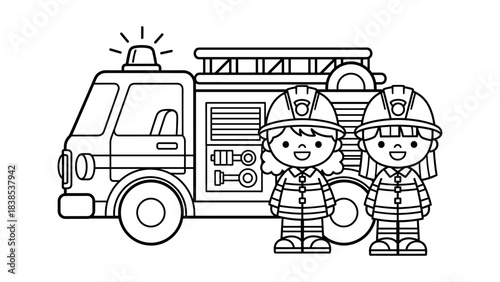 Cute children firefighters in uniform with fire truck in outline art