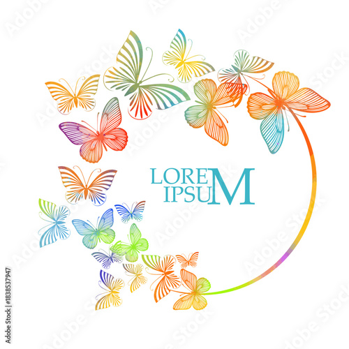 colored round frame with butterflies . Hand drawn. Not AI, vector illustration.