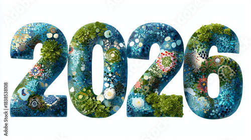 2026 is made with a red and purple random pattern isolated on a white background.