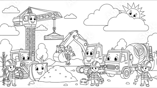 Construction site adventure for kids with cheerful machines and workers