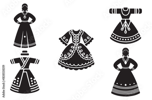 Traditional Dress Silhouette Vector Icon Set, Cultural Clothing, Heritage Fashion and Ethnic Costume Design
