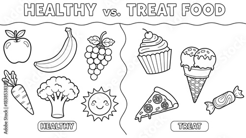 Healthy vs. treat food: coloring page for kids with fruits, vegetables, sweets