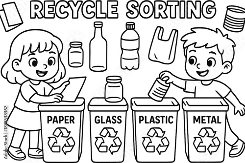 Kids recycling sorting activity with bins for paper, glass, plastic, and metal in line art