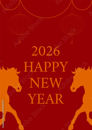 New Year's minimalist banner for 2026 with stylized Chinese lanterns and horse. Banner for website, advertisement, flyer and etc.