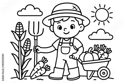 Cute kid farmer in garden with wheelbarrow and vegetables coloring page for kids’ activities