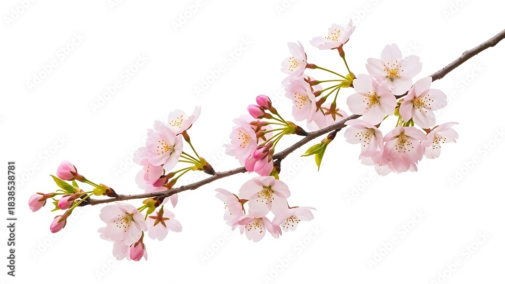 Obraz premium Delicate pink peach blossoms on a branch against a clean white background