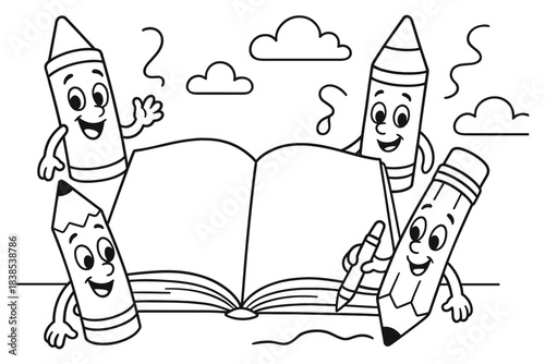 Happy pencils and book coloring page with smiling clouds for kids