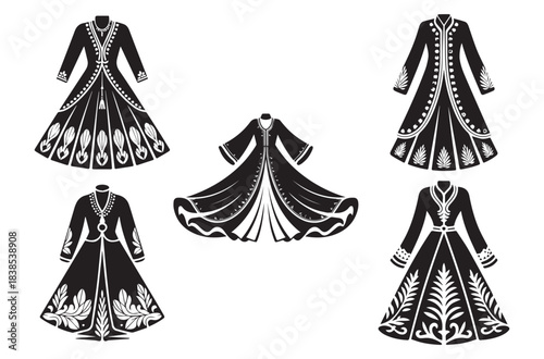 Stylish Traditional Dress Silhouette Vector Icon Set, Cultural Fashion, Ethnic Clothing and Heritage Outfit Design