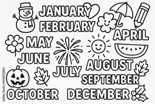 Black and white seasonal doodle art featuring months with festive icons