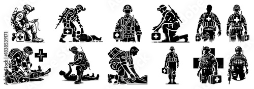 Combat Medic Rescue Silhouette Icons Set