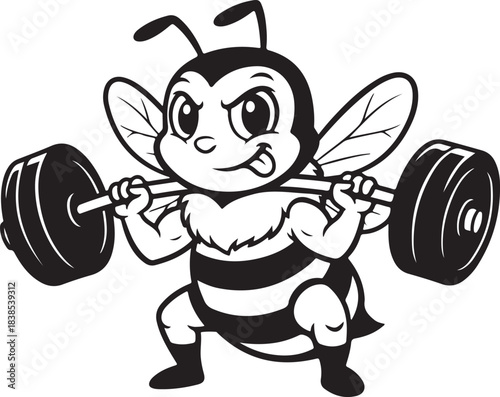 Strong cartoon bee mascot lifting heavy barbell in a squat pose, showcasing power and determination, fitness concept graphic illustration