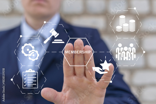 Concept of membership. Business company join us. Business person using virtual touch screen presses the word MEMBERSHIP.