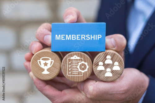Fotografia Business person holding blocks with icons sees the word MEMBERSHIP