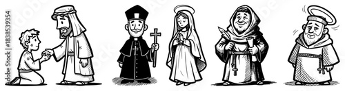 Cute Catholic Characters and Clergy Cartoon Set