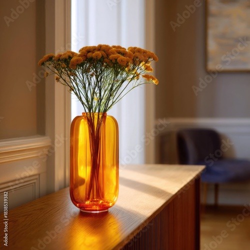 Colorful Vase with Yellow Flowers on Table