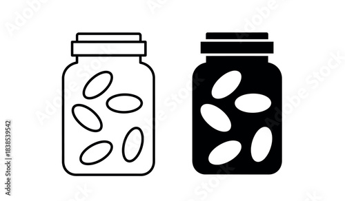 Two simple jar icons with pills inside in outline and solid styles