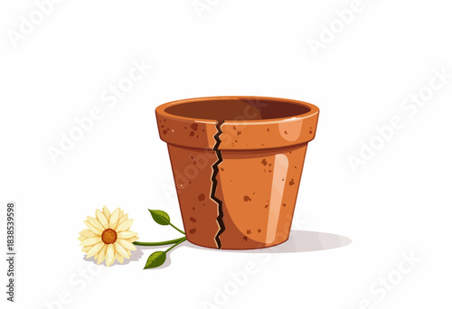 Cracked Terracotta Flower Pot Beside a Single Daisy on a Clean White Background Symbolizing Fragility and Imperfection in Nature and Objects
