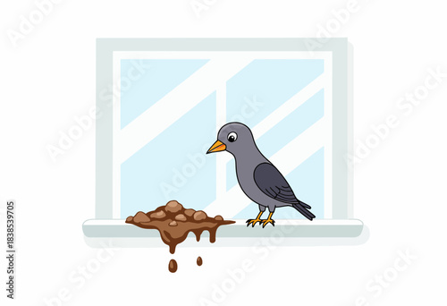 Cartoon Bird Perched on Window Sill Next to a Mud Puddle with a Simple Blue and White Background