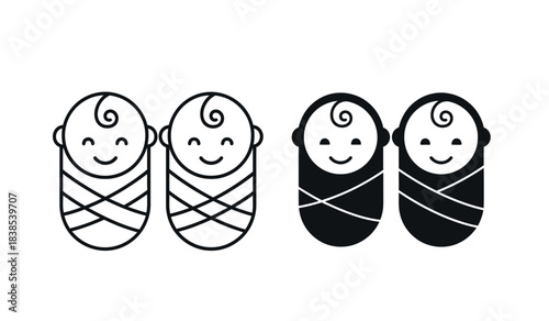 Four adorable babies wrapped in blankets black and white illustration