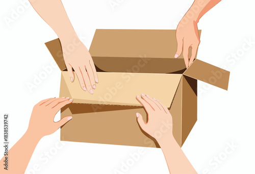 Illustration of Four Hands Collaboratively Opening a Large Cardboard Box on a White Background Demonstrating Teamwork and Cooperative Effort