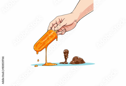 Hand Holding Melting Orange Popsicle with Chocolate Drip and Puddle on White Background Illustrating Summer Heat