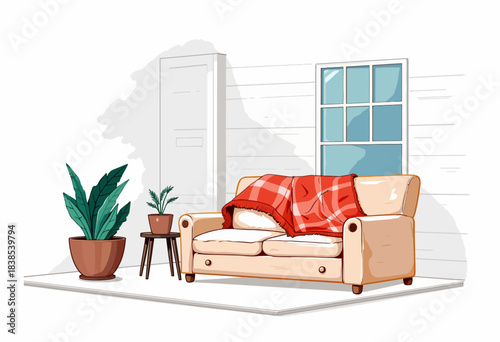 Cozy Outdoor Sitting Area with Beige Sofa and Red Blanket Next to Green Plants and a Window on a Sunlit Patio for Relaxation