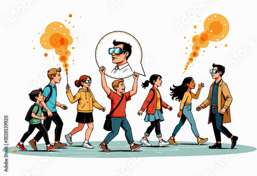 Creative Group of Six Diverse Individuals Communicating Through Imaginary Thought Bubbles in a Vibrant Illustration