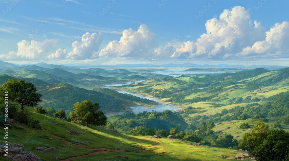 Obraz premium Rolling hills and green fields surrounding a winding river. The sky has white clouds and the sunlight brightens the landscape.
