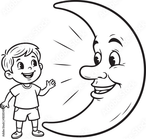 Young boy smiling, waving cheerfully at a friendly anthropomorphic crescent moon with a happy face, a playful cartoon outline vector.