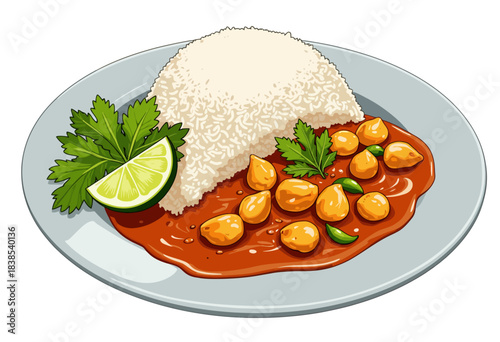 Illustration of a Delicious Plated Meal Featuring Steamed Rice with a Spicy Chickpea Curry Garnished with Fresh Herbs and a Lime Wedge
