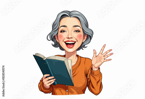 Elderly Woman Joyfully Reading a Book While Gesturing Happily Against a White Background, Reflecting Wisdom and Positivity Through Cheerful Expression