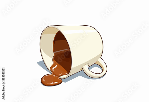 Illustration of a Spilled Coffee Mug with Rich Brown Liquid Flowing on a White Background, Symbolizing Morning Mishap and Refreshment Chaos