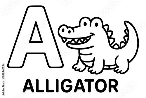 Alphabet letter a with smiling alligator outline for kids learning