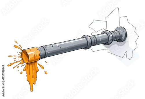 Burst Pipe with Orange Liquid Leaking Through Wall Illustrating Plumbing Emergency and Potential Water Damage
