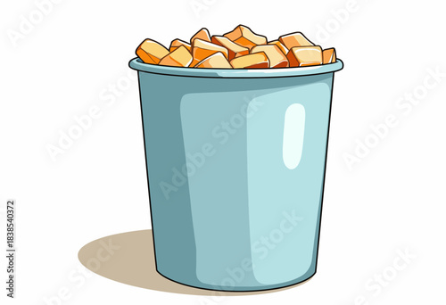 Illustration of a Light Blue Bucket Filled to the Brim with Cubes Against a White Background with Soft Shadows