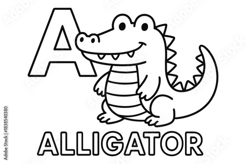 Cute alligator coloring page for kids featuring alphabet letter a