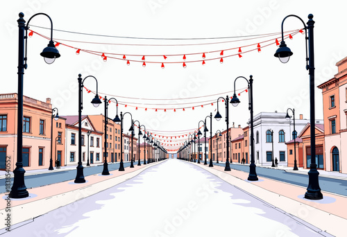 Picturesque Urban Street Lined with Classic Lamp Posts and Historic Buildings Adorned with Festive String Lights and Clear Sky Overhead