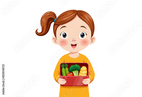 Smiling cartoon child holding a healthy lunchbox filled with fresh vegetables, promoting nutritious eating habits and balanced diet for young kids