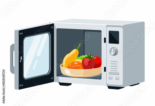 Illustration of a Modern Microwave Oven with Fresh Fruits Inside, Including Apples, Strawberries, and Pears, on a Clean White Background