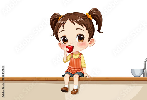 Adorable young girl sits on countertop enjoying a bright red apple with a playful smile, dressed in a cute orange apron and pigtails