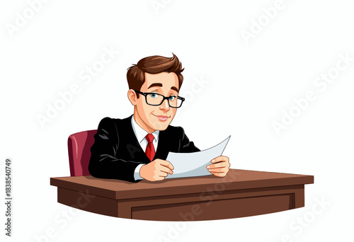 Cartoon Illustration of a Smiling Businessman Sitting at a Desk Holding a Piece of Paper in His Hands, Wearing Glasses, a Suit, and a Red Tie