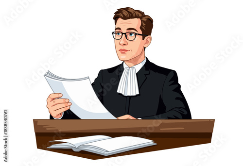 Illustration of a Lawyer Reviewing Documents at a Desk While Wearing Formal Attire with a Focused Expression and Glasses in a Simplified Style
