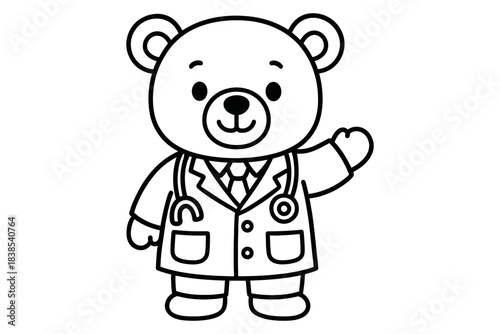 Cute cartoon bear doctor with stethoscope in black and white outline style