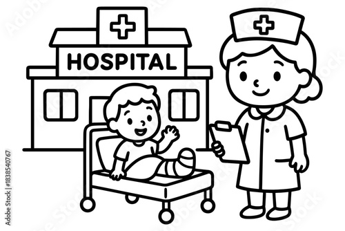 Cheerful child with nurse in hospital setting black and white outline