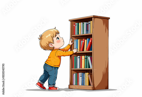 Curious child reaching up to explore a tall bookshelf filled with colorful books, highlighting a moment of youthful exploration and learning discovery.
