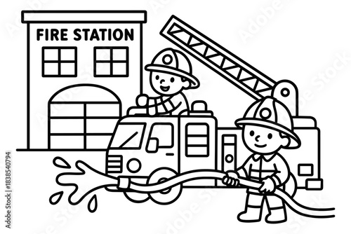 Playful firefighters: kids at fire station with truck in cartoon style